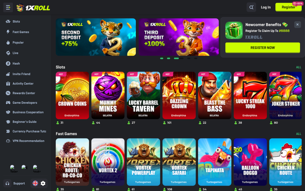 1Xroll crypto casino homepage with USDT payment and 200% welcome bonus